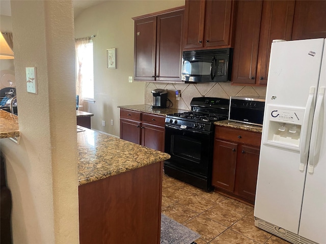 8615 Debbie Terrace Dr, Cypress, TX 77433 - kitchen featuring black appliances, tasteful backsplash, stone counters, and light tile patterned floors