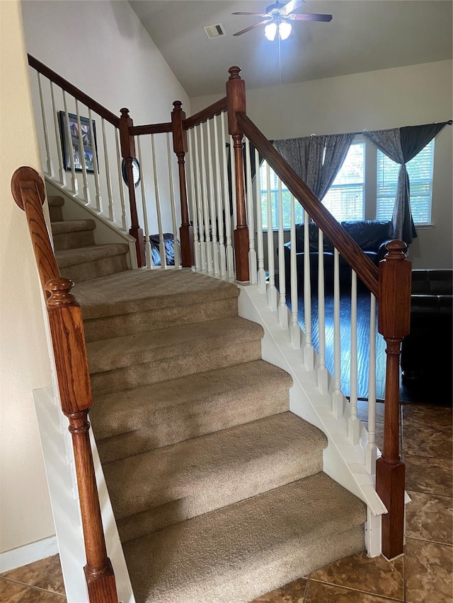 8615 Debbie Terrace Dr, Cypress, TX 77433 - stairway featuring ceiling fan and vaulted ceiling