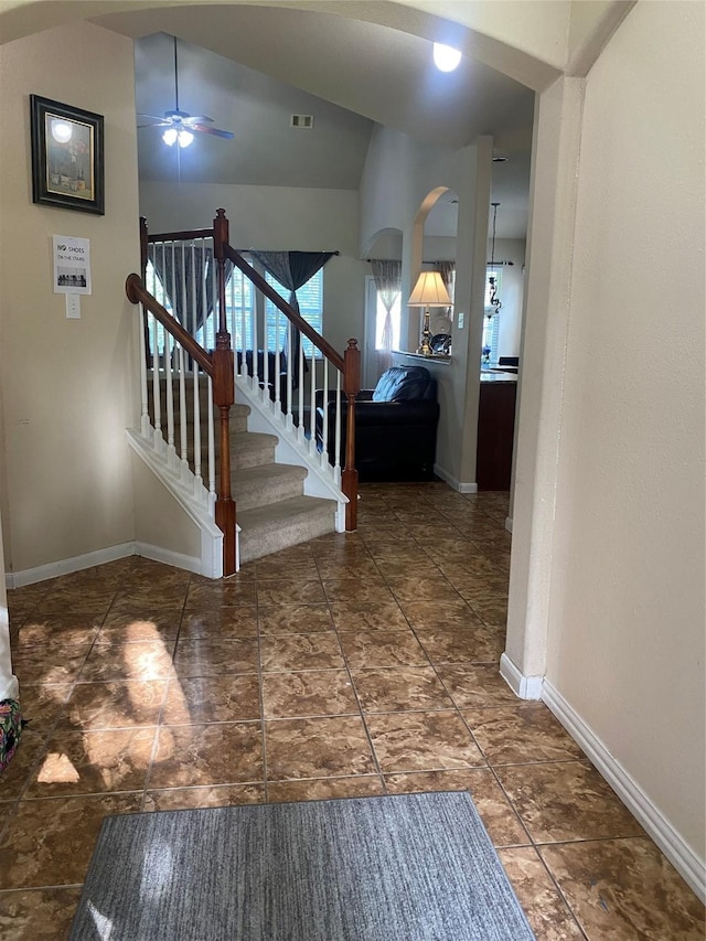 8615 Debbie Terrace Dr, Cypress, TX 77433 - foyer with a ceiling fan, arched walkways, and vaulted ceiling