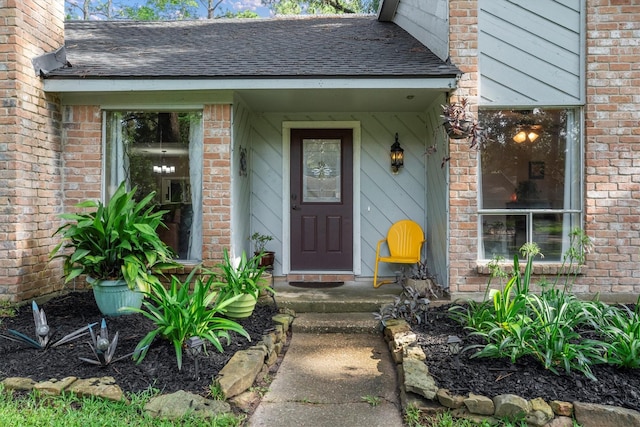 4638 Deer Point Dr, Spring, TX 77389 - doorway to property featuring a shingled roof and a chimney