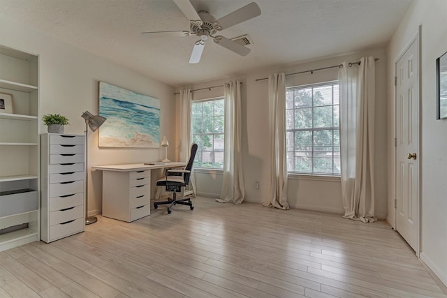58 E Coldbrook Cir, The Woodlands, TX 77381 - office area with a ceiling fan, light wood finished floors, and a textured ceiling