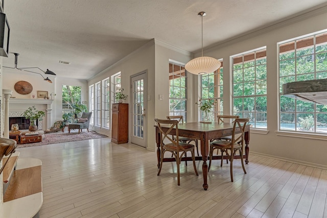58 E Coldbrook Cir, The Woodlands, TX 77381 - dining space featuring healthy amount of natural light, a textured ceiling, light wood-type flooring, a fireplace, and ornamental molding