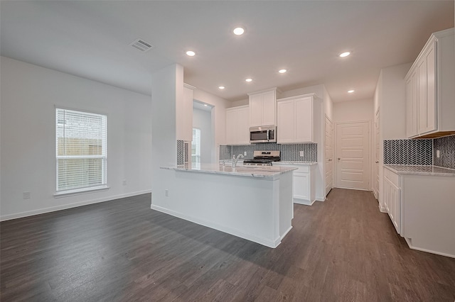 27097 Kestrel Trl, Magnolia, TX 77354 - kitchen with appliances with stainless steel finishes, dark wood finished floors, decorative backsplash, healthy amount of natural light, and recessed lighting