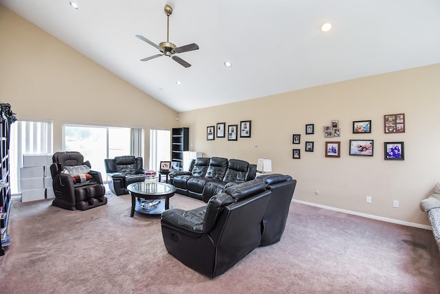 7719 Apache Plume Dr, Houston, TX 77071 - carpeted living room featuring high vaulted ceiling, ceiling fan, and recessed lighting