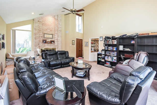 7719 Apache Plume Dr, Houston, TX 77071 - carpeted living room featuring ceiling fan, high vaulted ceiling, and a fireplace