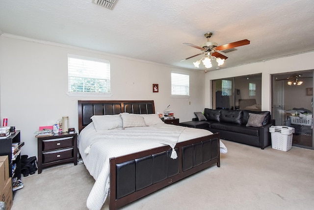 7719 Apache Plume Dr, Houston, TX 77071 - bedroom with light colored carpet, crown molding, and ceiling fan