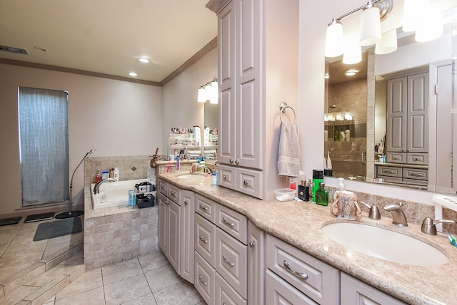 7719 Apache Plume Dr, Houston, TX 77071 - bathroom with double vanity, crown molding, a garden tub, tile patterned flooring, and tiled shower