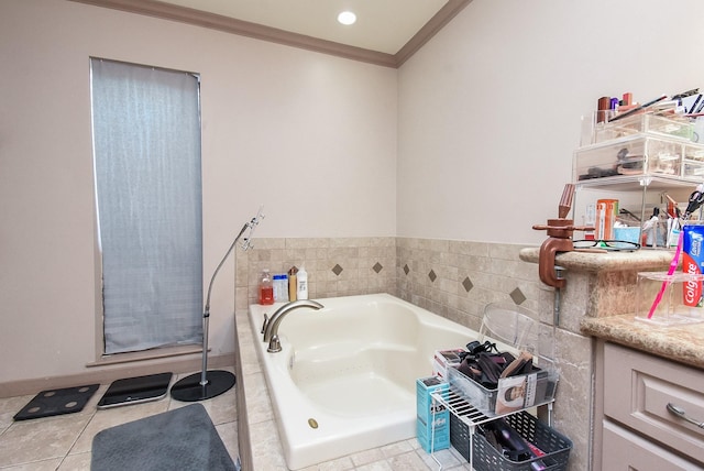 7719 Apache Plume Dr, Houston, TX 77071 - full bath featuring crown molding, a bath, tile patterned floors, and vanity