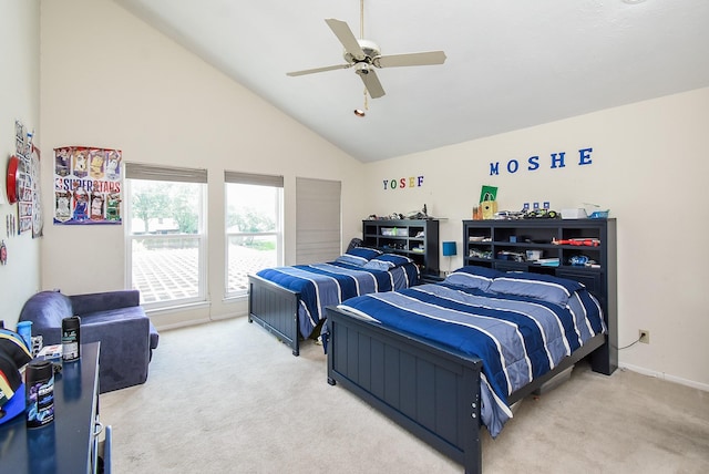 7719 Apache Plume Dr, Houston, TX 77071 - bedroom featuring light colored carpet, high vaulted ceiling, and a ceiling fan
