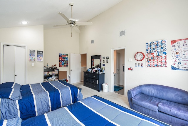 7719 Apache Plume Dr, Houston, TX 77071 - bedroom with light colored carpet, high vaulted ceiling, a ceiling fan, and a closet