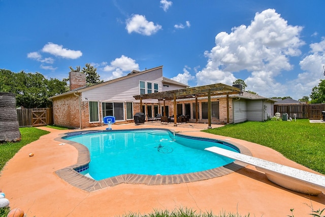 7719 Apache Plume Dr, Houston, TX 77071 - view of swimming pool with a pergola, a patio, a fenced backyard, and a diving board