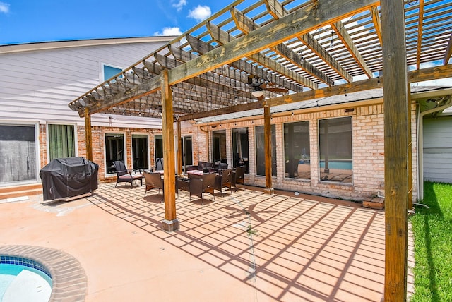 7719 Apache Plume Dr, Houston, TX 77071 - view of patio / terrace featuring a pergola, grilling area, ceiling fan, and outdoor dining space