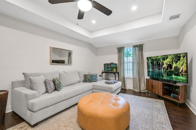 1731 W 22nd St, Houston, TX 77008 - living area featuring a tray ceiling, wood finished floors, ceiling fan, and recessed lighting