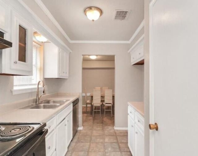 4803 Beechaven St, Houston, TX 77053 - kitchen featuring white cabinets, stainless steel dishwasher, light countertops, glass insert cabinets, and crown molding