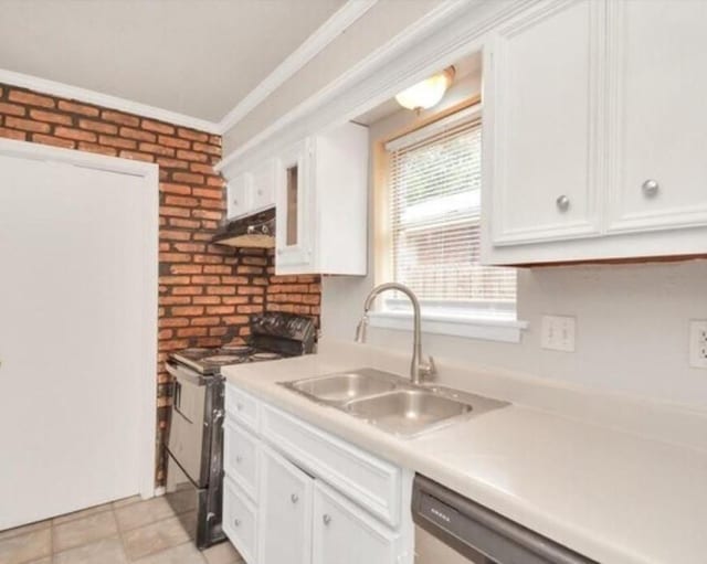 4803 Beechaven St, Houston, TX 77053 - kitchen featuring electric stove, white cabinets, brick wall, light countertops, and crown molding