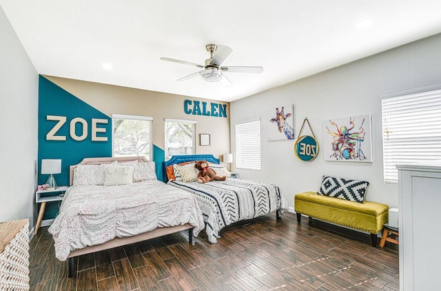 8614 Linkpass Ln, Houston, TX 77025 - bedroom featuring a ceiling fan, wood tiled floors, and recessed lighting