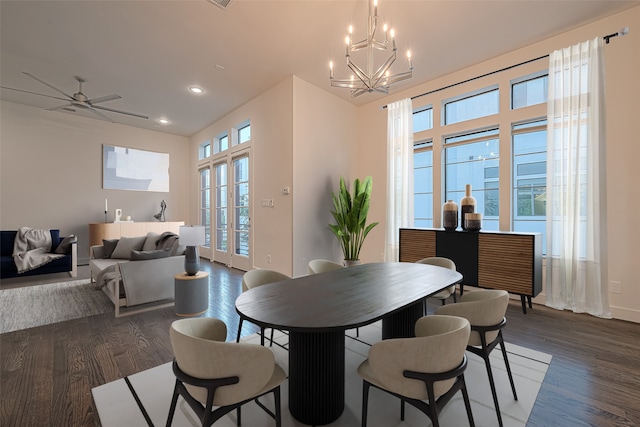 2205 Colorado St, Houston, TX 77007 - dining space with dark wood finished floors, a chandelier, recessed lighting, and ceiling fan