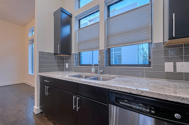 2205 Colorado St, Houston, TX 77007 - kitchen featuring dishwasher, dark cabinets, dark wood-style floors, and healthy amount of natural light