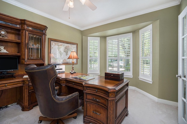 4619 Jade Green Ct, Houston, TX 77059 - office with a ceiling fan, light carpet, and crown molding