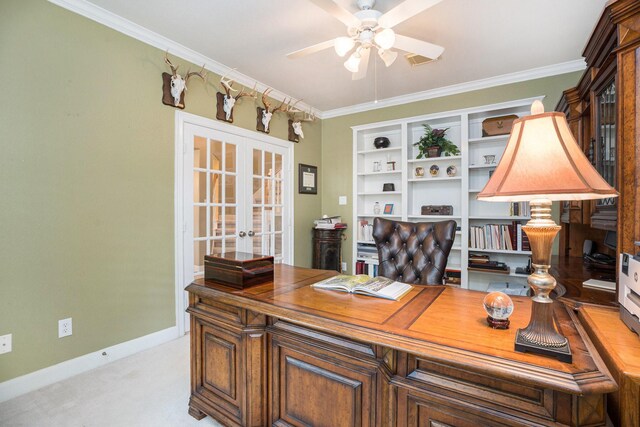 4619 Jade Green Ct, Houston, TX 77059 - office space with french doors, ceiling fan, light carpet, and crown molding