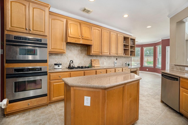 4619 Jade Green Ct, Houston, TX 77059 - kitchen featuring appliances with stainless steel finishes, crown molding, recessed lighting, tasteful backsplash, and light tile patterned flooring