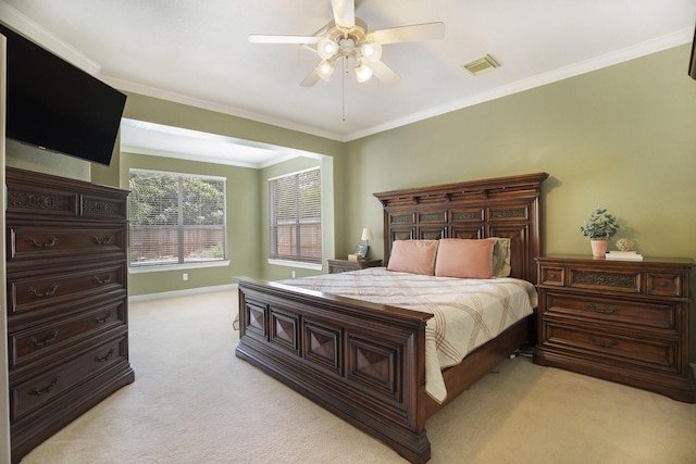 4619 Jade Green Ct, Houston, TX 77059 - bedroom with light carpet, ornamental molding, and a ceiling fan