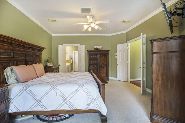 4619 Jade Green Ct, Houston, TX 77059 - bedroom featuring carpet flooring, crown molding, connected bathroom, and a ceiling fan