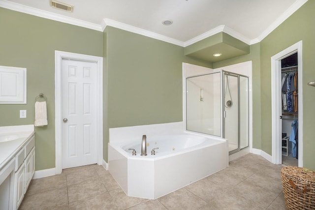 4619 Jade Green Ct, Houston, TX 77059 - full bath with a stall shower, a bath, ornamental molding, a walk in closet, and vanity