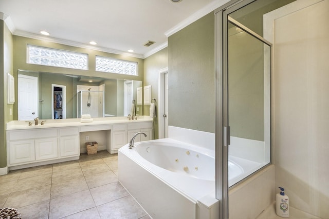 4619 Jade Green Ct, Houston, TX 77059 - full bathroom with ornamental molding, a shower stall, double vanity, a jetted tub, and tile patterned floors