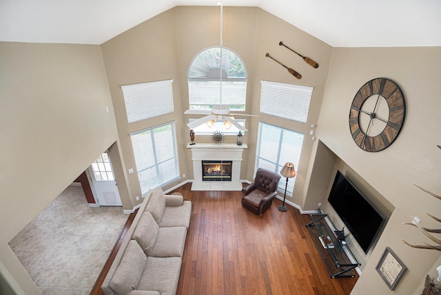 4619 Jade Green Ct, Houston, TX 77059 - living area featuring a glass covered fireplace, plenty of natural light, a ceiling fan, high vaulted ceiling, and wood finished floors