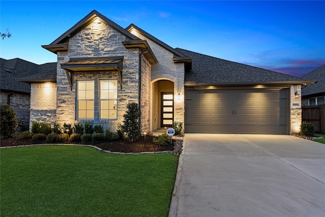 9418 Whispering Bald Cypress Ct, Cypress, TX 77433 - view of front facade featuring an attached garage, concrete driveway, stone siding, and a shingled roof
