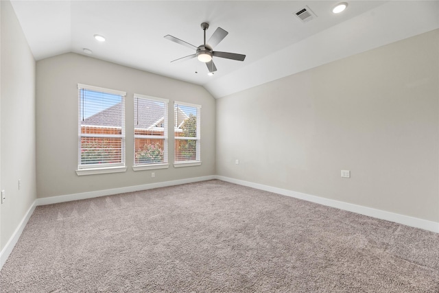 9418 Whispering Bald Cypress Ct, Cypress, TX 77433 - carpeted spare room with vaulted ceiling, a ceiling fan, and recessed lighting