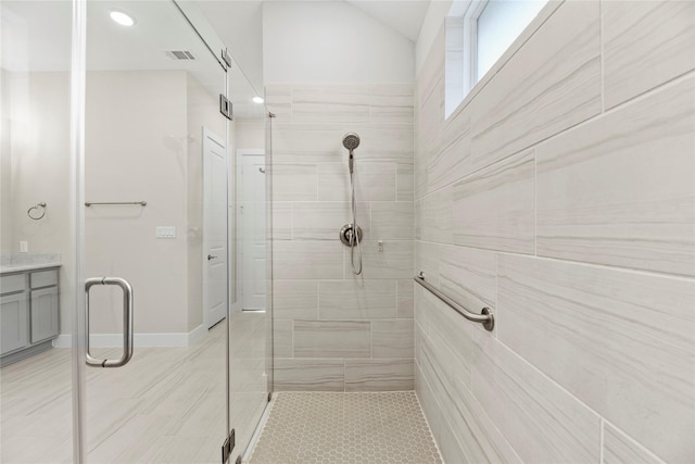 9418 Whispering Bald Cypress Ct, Cypress, TX 77433 - bathroom featuring a shower stall, vanity, and recessed lighting
