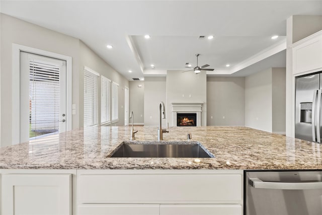 9418 Whispering Bald Cypress Ct, Cypress, TX 77433 - kitchen with stainless steel appliances, a ceiling fan, recessed lighting, a tray ceiling, and open floor plan