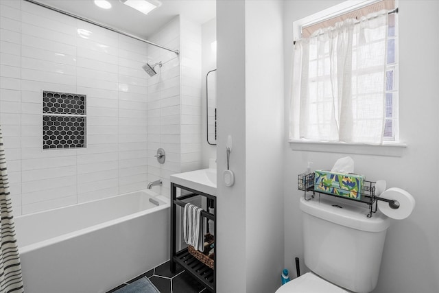 6697 De Moss Dr Unit 697, Houston, TX 77074 - bathroom with shower / bath combination with curtain, plenty of natural light, tile patterned flooring, and vanity