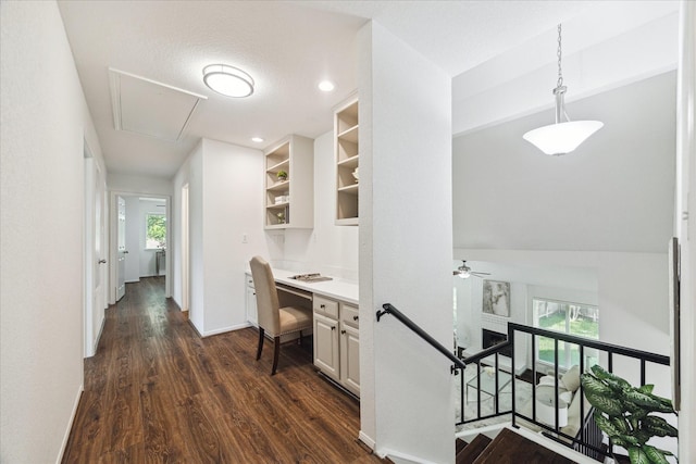 3403 Spring Arbor Ln, Sugar Land, TX 77479 - hallway with dark wood-style flooring, attic access, and an office area
