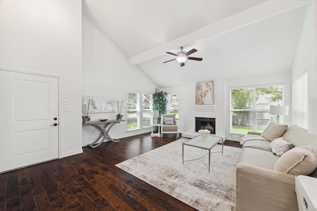 3403 Spring Arbor Ln, Sugar Land, TX 77479 - living area featuring high vaulted ceiling, wood-type flooring, healthy amount of natural light, beamed ceiling, and a brick fireplace