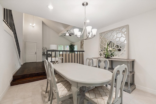 3403 Spring Arbor Ln, Sugar Land, TX 77479 - dining space with a chandelier, vaulted ceiling, stairs, ceiling fan, and recessed lighting
