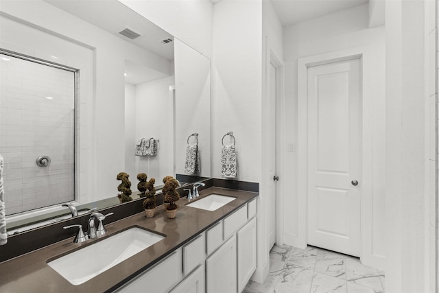 18247 Lakepoint Ridge Ln, Cypress, TX 77433 - full bathroom featuring marble finish floors, double vanity, and a tile shower