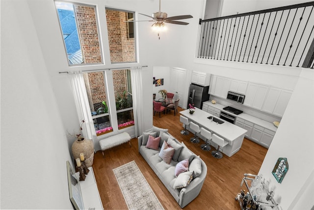 18247 Lakepoint Ridge Ln, Cypress, TX 77433 - living room with a towering ceiling, wood finished floors, and ceiling fan