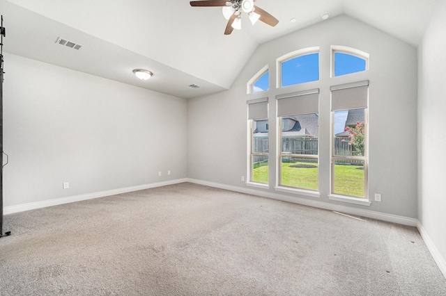 28702 Casen Ranch Ln, Fulshear, TX 77441 - carpeted empty room with plenty of natural light, a ceiling fan, and vaulted ceiling