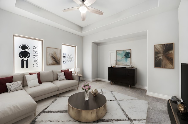 28702 Casen Ranch Ln, Fulshear, TX 77441 - carpeted living room with a tray ceiling and ceiling fan
