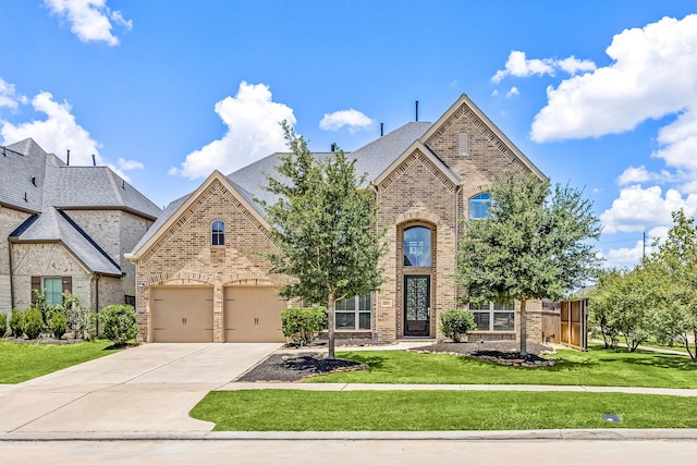 28702 Casen Ranch Ln, Fulshear, TX 77441 - french country style house featuring brick siding, concrete driveway, and a garage