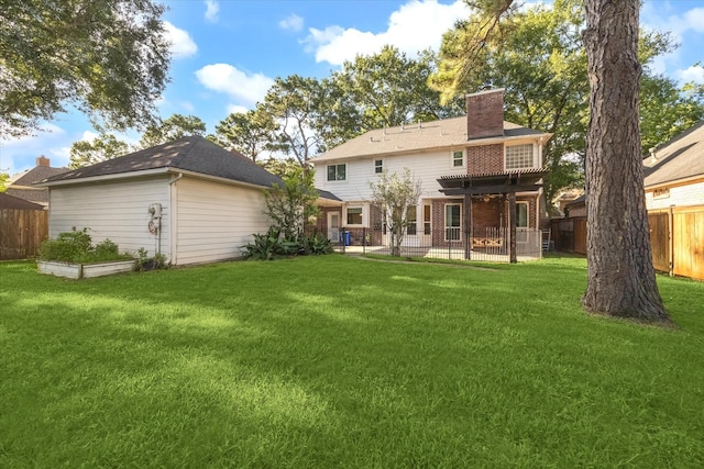 12511 Wealdstone Dr, Tomball, TX 77377 - back of property featuring a chimney, a fenced backyard, a patio area, a pergola, and brick siding