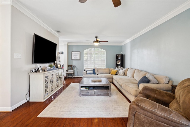 12511 Wealdstone Dr, Tomball, TX 77377 - living area featuring a ceiling fan, ornamental molding, and dark wood-style flooring