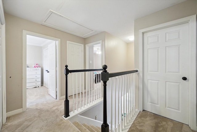 12511 Wealdstone Dr, Tomball, TX 77377 - hallway with carpet flooring, an upstairs landing, and attic access