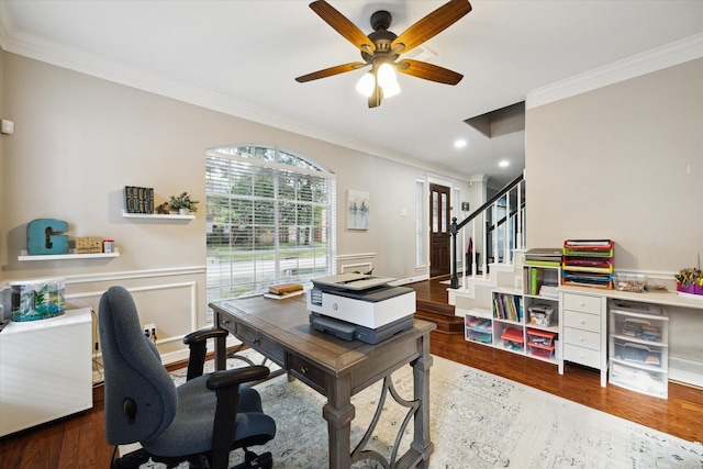 12511 Wealdstone Dr, Tomball, TX 77377 - office featuring ornamental molding, a ceiling fan, wood finished floors, and recessed lighting