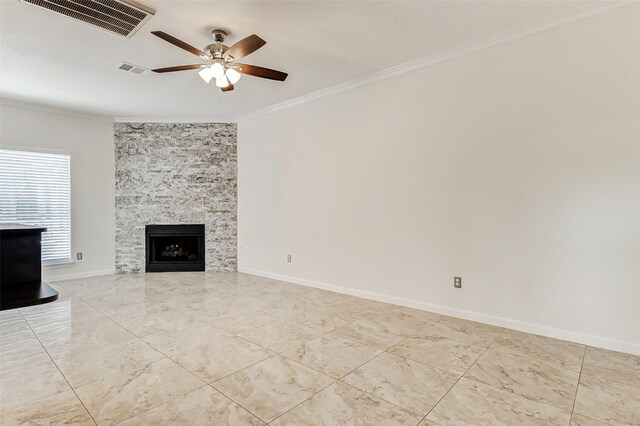 13351 Arlon Trl, Houston, TX 77082 - unfurnished living room with crown molding, ceiling fan, and a fireplace