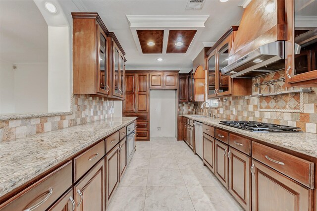 13351 Arlon Trl, Houston, TX 77082 - kitchen featuring stainless steel gas cooktop, wall chimney exhaust hood, light stone counters, backsplash, and dishwashing machine