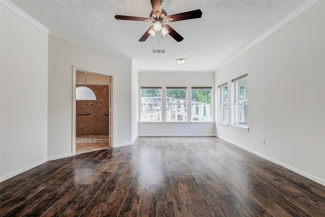 13351 Arlon Trl, Houston, TX 77082 - unfurnished living room with wood finished floors, ceiling fan, ornamental molding, and a textured ceiling